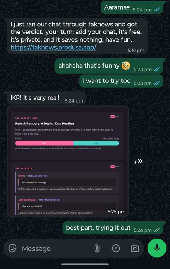 A real WhatsApp reaction to a faknows report