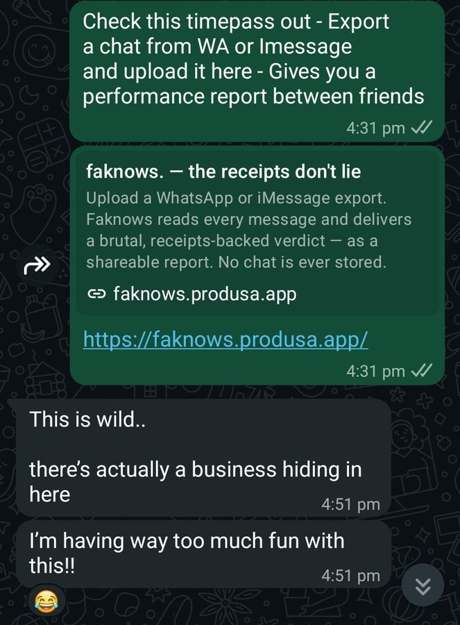 A real WhatsApp reaction to a faknows report
